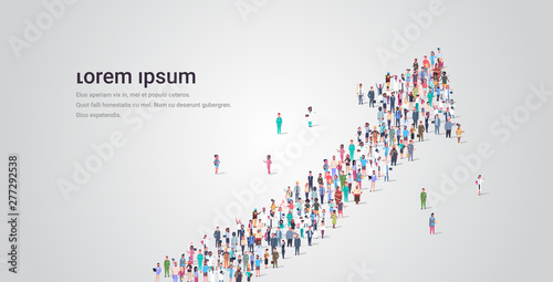 people crowd gathering in shape of financial arrow up symbol social media community successful growth concept different occupation employees group standing together full length horizontal copy space