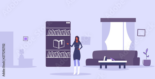 woman using mobile app online librbary e-books in smartphone e-learning concept girl choosing book modern living room interior horizontal full length