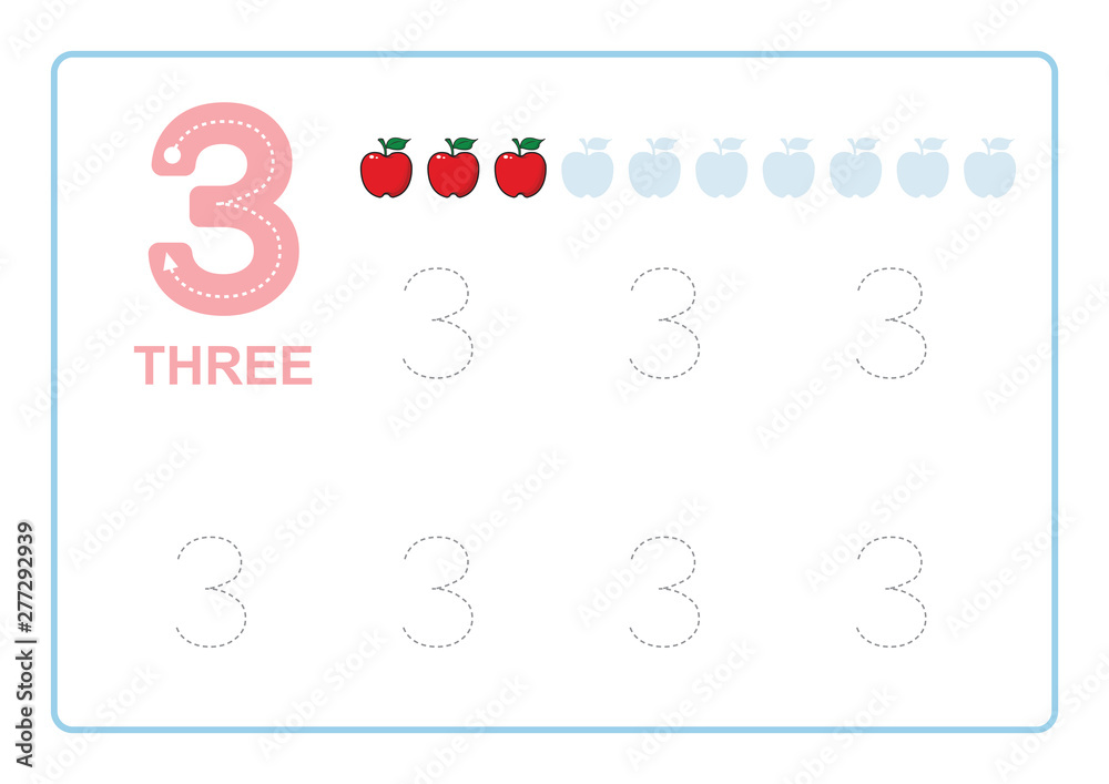 number tracing and writing tracing worksheet for kindergarten learning number with apple clipart for counting worksheets free handwriting vector illustration stock vector adobe stock