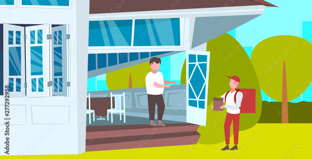 man receiving order from man courier with backpack and paper package express food delivery from shop or restaurant concept modern house building exterior flat horizontal full length man receiving order from man courier with backpack and paper package express food delivery from shop or restaurant concept modern house building exterior flat horizontal full length