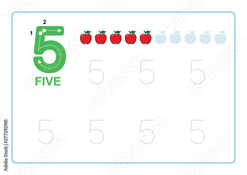 Number Tracing and Writing tracing worksheet         for kindergarten Learning number  with apple  clipart  for Counting Worksheets Free handwriting vector illustration