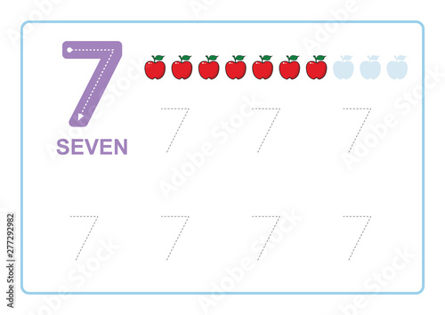 Number Tracing and Writing tracing worksheet         for kindergarten Learning number  with apple  clipart  for Counting Worksheets Free handwriting vector illustration