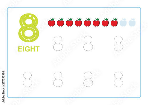 Number Tracing and Writing tracing worksheet         for kindergarten Learning number  with apple  clipart  for Counting Worksheets Free handwriting vector illustration
