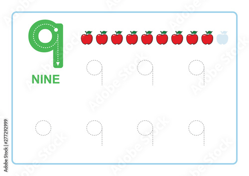 Number Tracing and Writing tracing worksheet         for kindergarten Learning number  with apple  clipart  for Counting Worksheets Free handwriting vector illustration