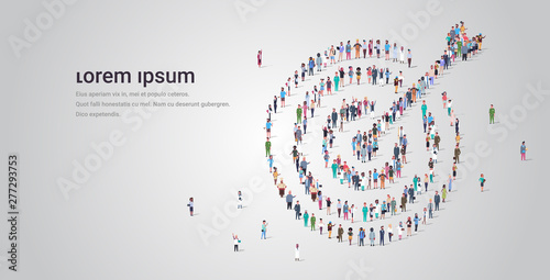 people crowd gathering in shape of target with arrow icon social media community goal competition achievement concept different occupation employees group standing together full length horizontal copy