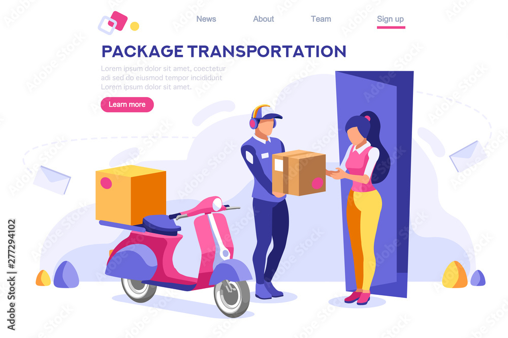 © Aurielaki - Mail Office Page Concept, Postage Package Website. Courier Transportation of Cartoon Package on Web. Bringing Character. Web Banner, Hero Images, Flat Illustration Isolated on White Background.
