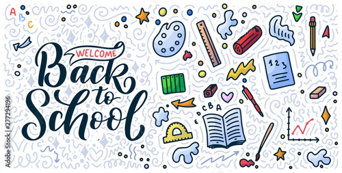 Welcome back to school lettering quote and doodle background. Template for sale tag. Hand drawn badge. Education concept. Typography emblem. Vector