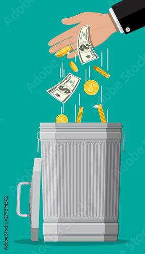 Businessman hand putting dollar bills in trash. Losing or wasting money, overspending, bankruptcy or crisis. Vector illustration in flat style