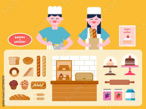 Bakery and dessert shop interior vector Illustration. Bakery and dessert menu flat icons set.