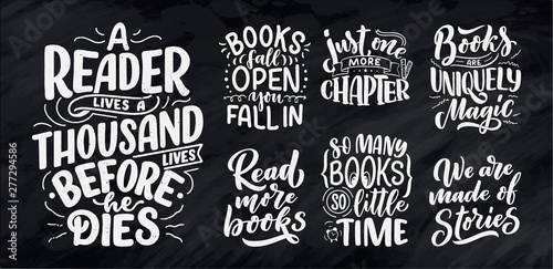 Set with abstract lettering about books and reading for poster design. Handwritten letters. Typography funny quotes. Vector