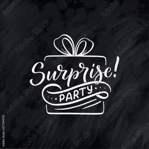 Hand drawn holiday lettering and icon for surprise gift box design. Handwritten letters. Typography quote. Vector