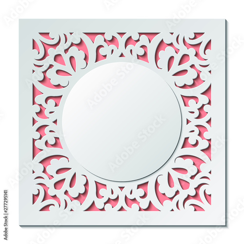 Laser cut template of wedding invitation. Square card with abstract ornament. Vector illustration background. White 3D paper cut silhouette for Valentine's day. Panel for wood carving, diecut pattern.