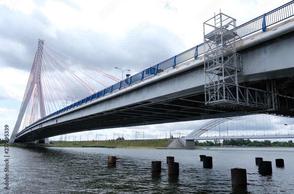 Fototapeta premium Poland, Gdansk - two bridges - train bridge and cable-stayed bridge on the Vistula river.