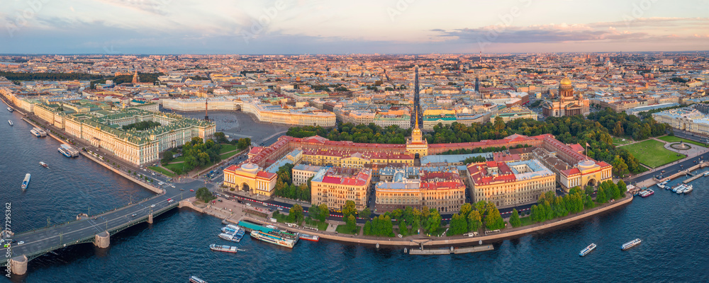 Panoramic sunset view of the historical center of St. Petersburg, the Hermitage Winter Palace, the Palace Square, the Admiralty, St. Isaac's Cathedral and the Bronze Horseman Peter 1.