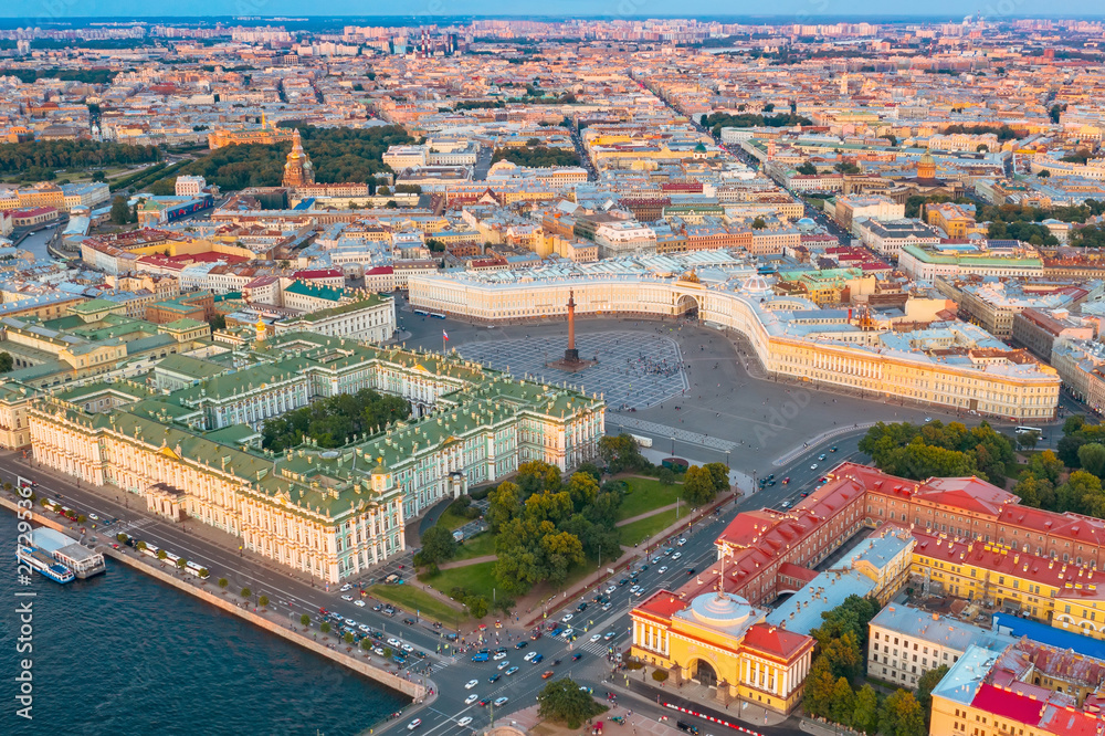 Aerial view of Palace Square Hermitage Winter Palace in the evening at sunset.