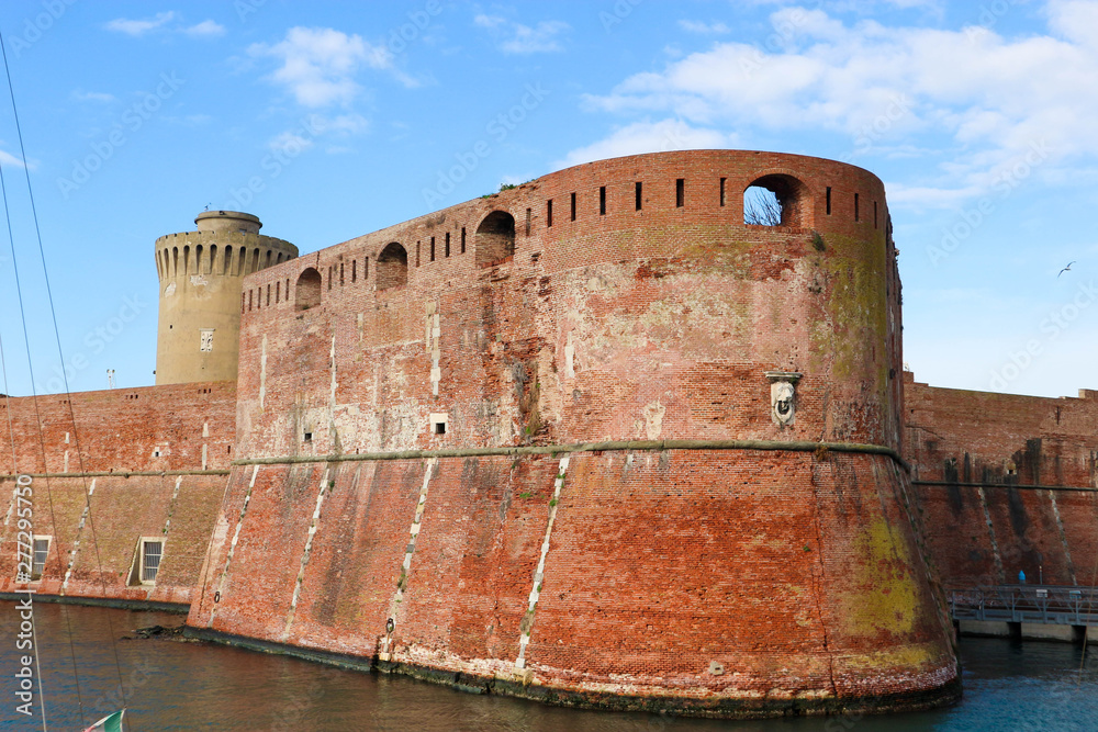  Main tower of old Fortress of Livorno made from red brick, Italy