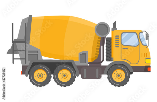 Concrete mixer truck.Construction equipment. Tipper car side view. Commercial truck.Vehicles freight transportation.Isolated flat vector.Industrial transport.Yellow lorry .