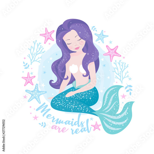 Beautiful mermaid with purple hair on white background for t shirts or kids fashion artworks  children books. Fashion illustration drawing in modern style. Cute Mermaid. Girl print.