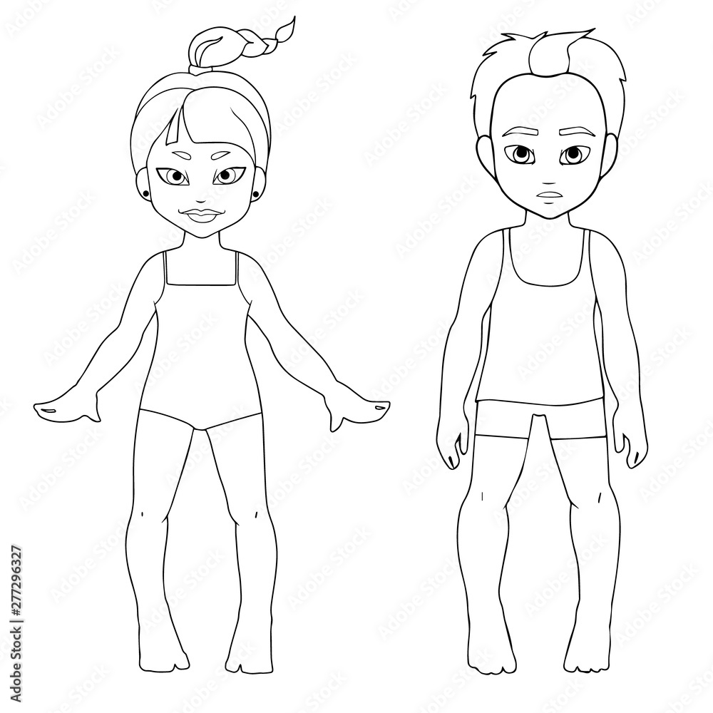 Cute children on summer vacation. Black and white characters in cartoon style. Cute children on summer vacation. Black and white characters in cartoon style.