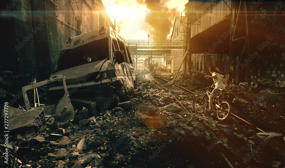 Φωτογραφία City in war and homeless little child riding bicycle in destroyed city
