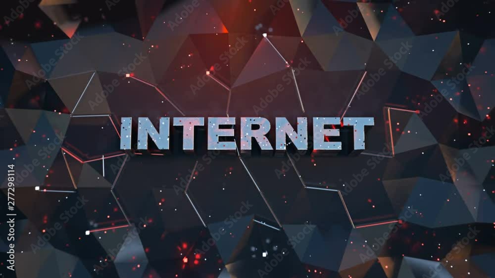 Internet text on low poly surface. Information technology concept. Seamless loop 3D render animation with DOF