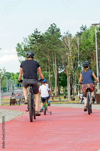Back view of beautiful family riding bikes in park