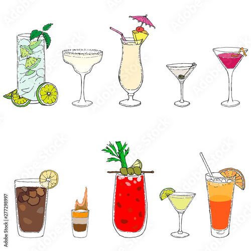 10 most famous cocktails of the world: mojito, bloody mary, daiquiri, cosmopolitan, long island, margarita, martini dry, pina colada, sex on the beach, flaming b-52 Vector illustration