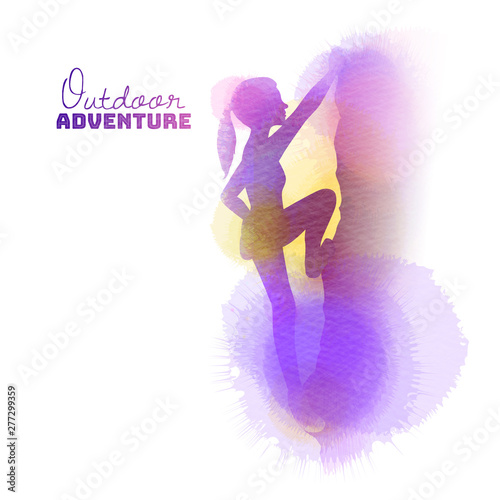 Watercolor of side view of young  woman rock climber. Outdoor adventure concept.