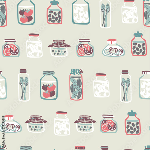 Seamless Pattern with Pickled Food - Cucumber, tomatoes, Olives, Peas, Eggs,