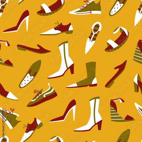 Seamless Pattern with Different Doodle Shoes. Hand Drawn Vector Illustration