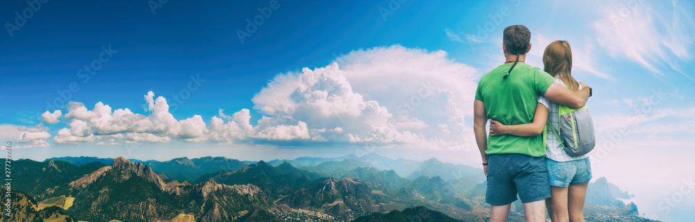 Couple enjoy the mountain landscape. Vintage