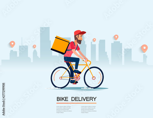 Delivery, the guy on the bike carries the parcel. Urban landscape. courier driving bike fast food food. Flat design vector illustration.