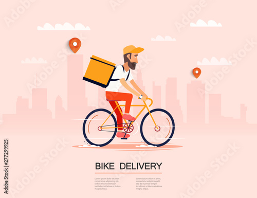 Delivery, the guy on the bike carries the parcel. Urban landscape. courier driving bike fast food food. Flat design vector illustration.