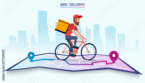 Delivery, the guy on the bike carries the parcel. Urban landscape. courier driving bike fast food food. Flat design vector illustration.
