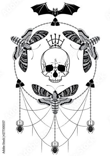 Vector illustration with death head butterflies, spiders with spiderweb, bat, scull and chain in black, grey and white.