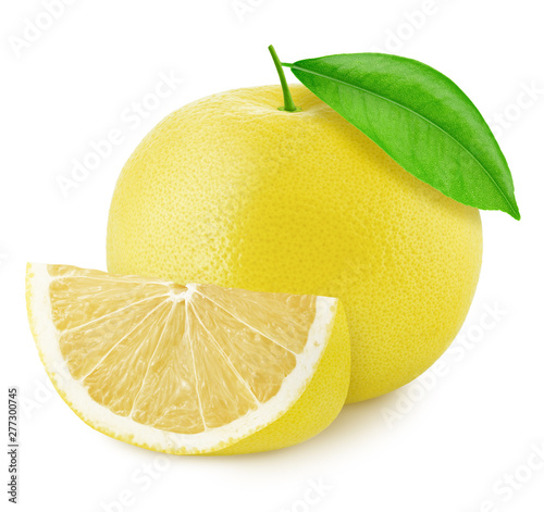 Whole white grapefruit with slice isolated on white background.