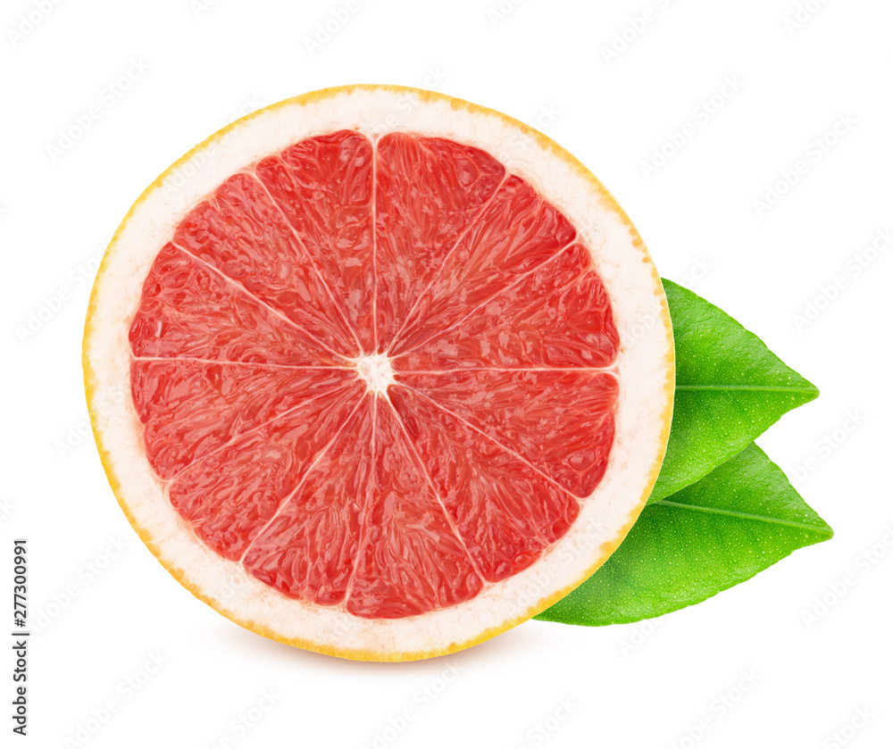 Half of grapefruit with leaves isolated on white background. Half of grapefruit with leaves isolated on white background.