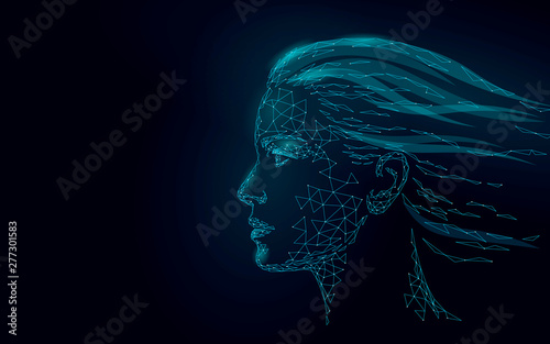 Low poly female human face laser skin treatment. Rejuvenation procedure beauty salon care. Clinic medicine cosmetology innovation technology. 3D polygonal rendering vector illustration