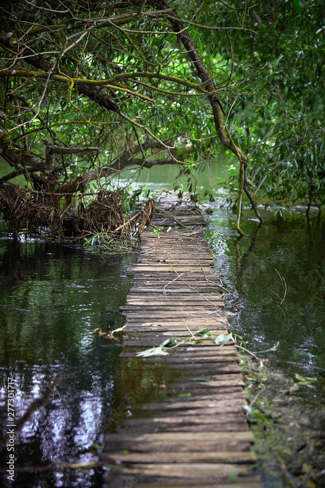 Picturesque old fishing bridge across the river. Water landscape with calm water. Vertical.