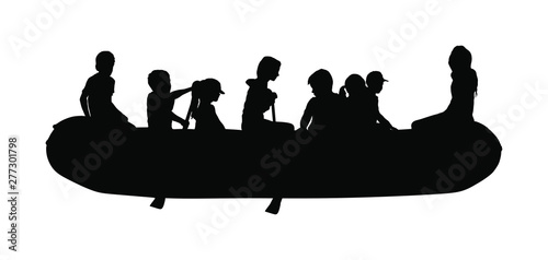 Happy kids rafting with rubber boat vector silhouette. Children beach fun. Girls and boys enjoying rowing on river on inflatable boat. Friends paddling. Childhood. Crew outdoor relaxing. Summer active © dovla982