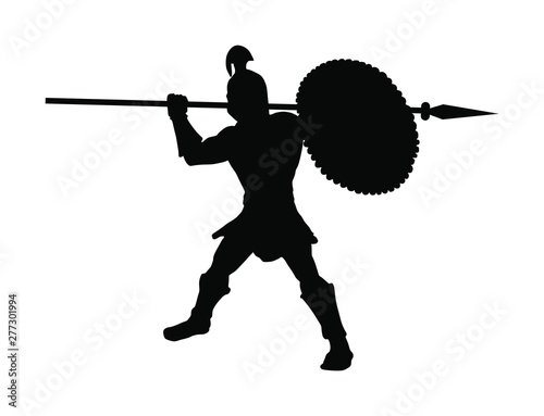 Roman legionary soldier in battle with shield and spear vector silhouette. Strong Spartan warrior. Muscular Rome gladiator in Colosseum. Old Greek warrior.  Achilles in battle for glory and Troy.