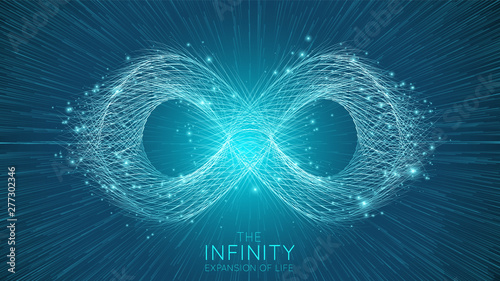 Infinity expansion of life. Vector infinity sign explosion background. Small particles strive out of center. Blurred debrises into rays or lines under high speed of motion. Burst, explosion backdrop.