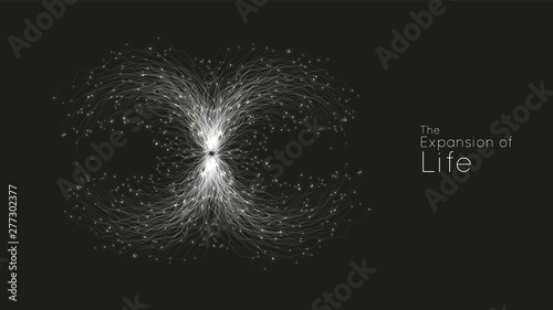 Expansion of life. Vector sphere explosion background. Small particles strive out of center. Blurred debrises into rays or lines under high speed of motion. Burst, explosion backdrop.