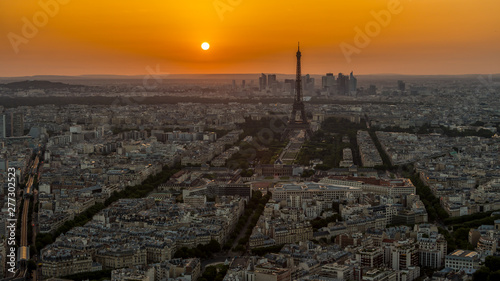 Sunset behind the Eiffel Tower in Paris