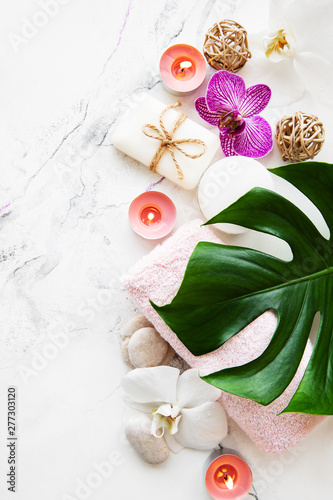 Natural spa ingredients with orchid flowers