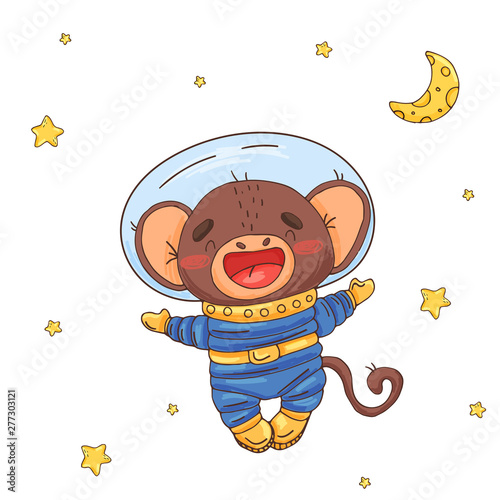 Illustration with cute monkey cartoon astronaut in space