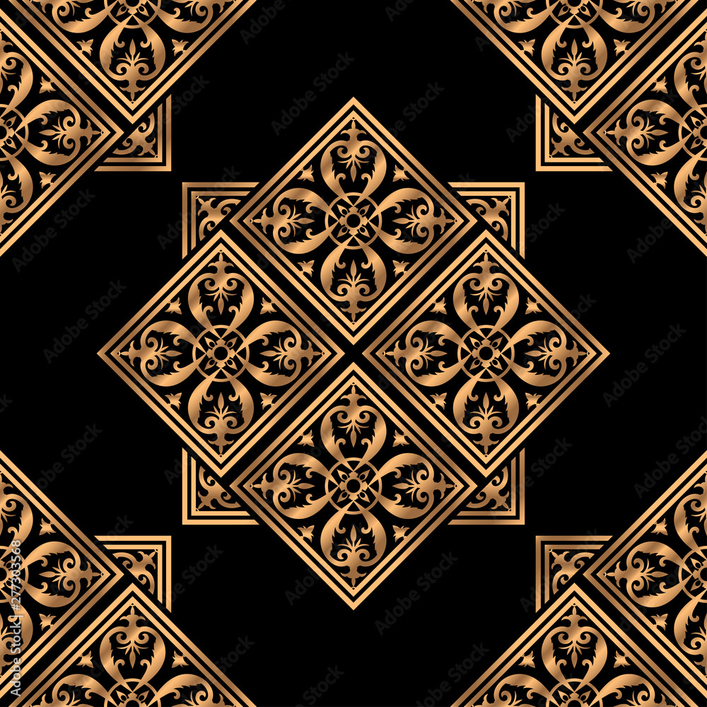 Royal pattern seamless vector. Islamic tile luxury background. Gold black design for beauty spa, wedding party, yoga wallpaper, gift packaging, wrapping paper texture, backdrop.