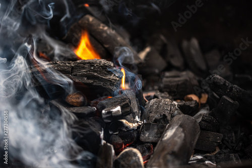 the burning black coals in a brazier a close-up view