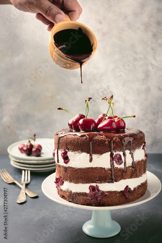Black Forest Cake in modern way with fresh cherries. Copy space. Schwarzwald Torte.