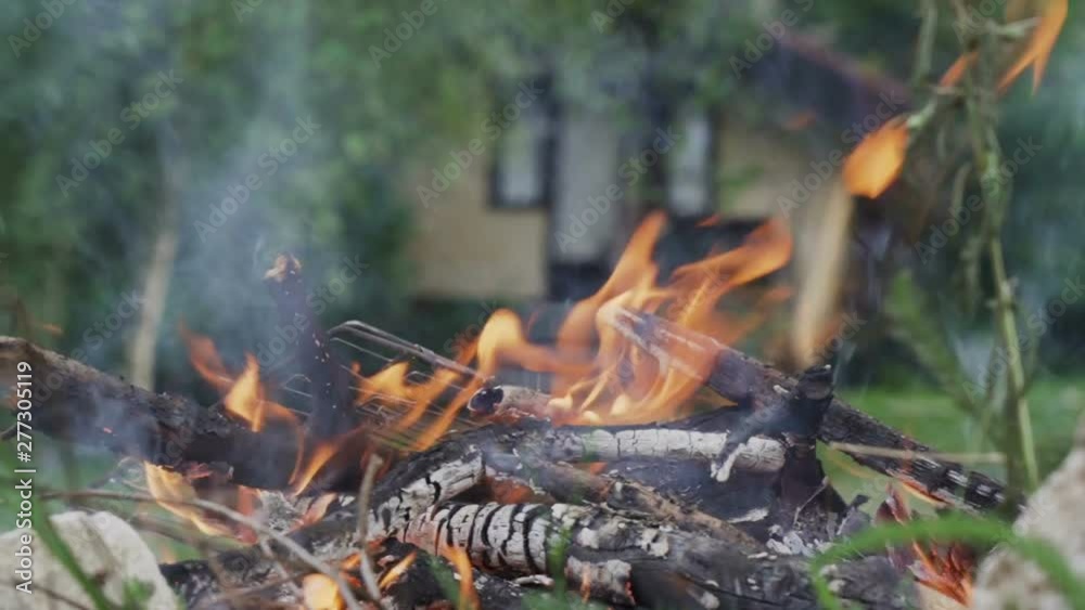 Close shot of bonfire intense flames on blurred background, outdoors Close shot of bonfire intense flames on blurred background, outdoors
